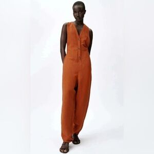 ZARA Oversized Linen Blend Jumpsuit Terracotta / Burnt Orange | Sz. Small | NEW